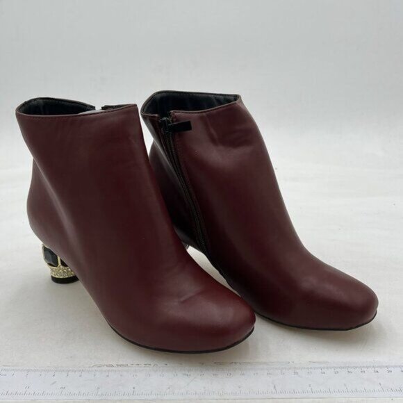 FSJ Brown Round Toe Crystal Chunky Block Low Heel Ankle Boot Side Zipper Shoes - Picture 2 of 8